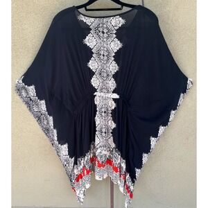 Angie Black Tan Red Print Caftan Cover Up Boho Beach Vacation Resort Wear Medium